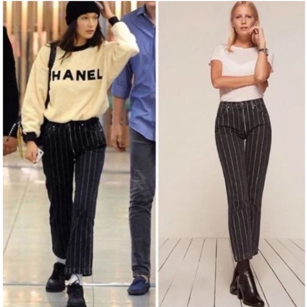 Reformation Black Pinstripe Skinny Jeans with White Stripes